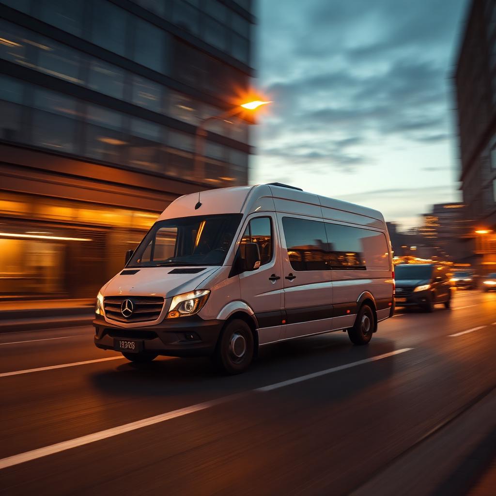 Expedited courier sprinter van speeding through the city